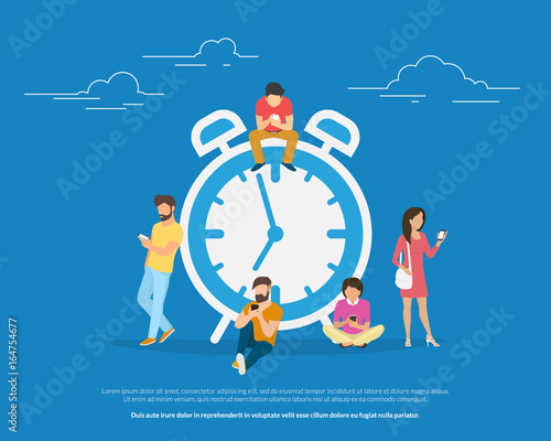 Alarm clock and people concept vector illustration of young people using smartphones for setting up morning alarm app notification. Flat people standing and sitting near big clock symbol