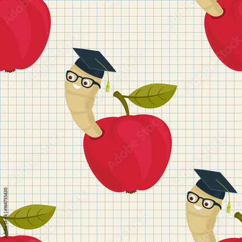 Cartoon worm in alumni hat and glasses peeking from a read apple seamless wallpaper