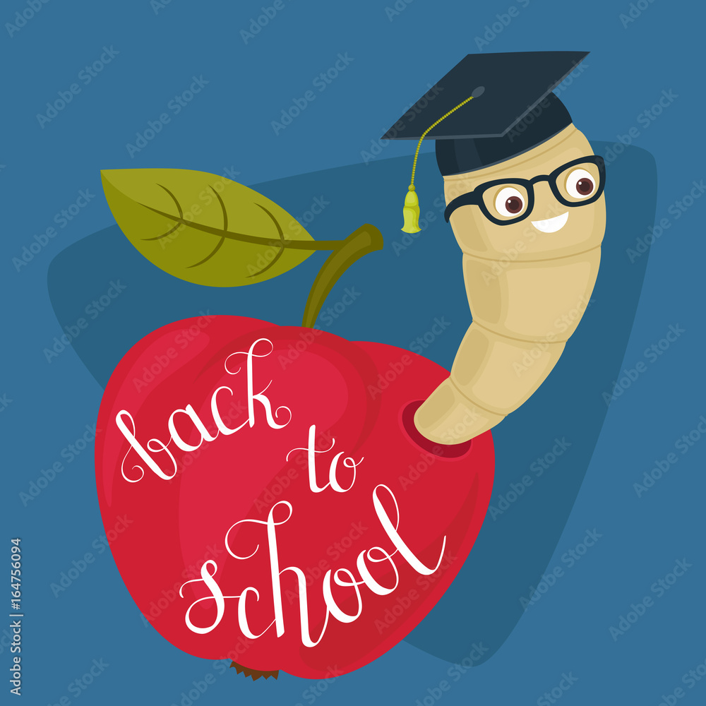 Cartoon worm in alumni hat and glasses peeking from a read apple Stock  Vector | Adobe Stock