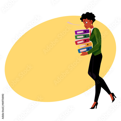 Black, African American businesswoman, woman carrying heavy pile of document folders, cartoon vector illustration with space for text. Black stressed businesswoman with folders of documents