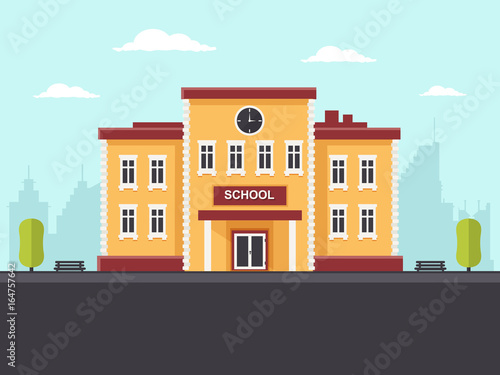 School Building in a City. Flat Design Style.
