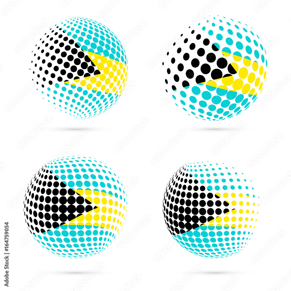 Bahamas halftone flag set patriotic vector design. 3D halftone sphere in Bahamas national flag colors isolated on white background.