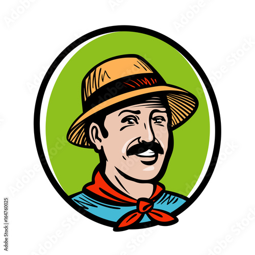 Farmer, gardener logo. Farm product, farming, gardening, horticulture, agriculture label or icon. Cartoon vector illustration