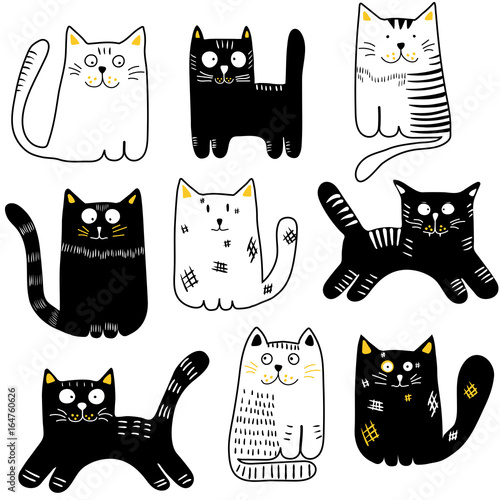 Collection of hand drawn cats. Black and white funny cats. Vector illustration.