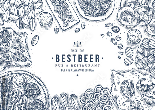 Beer snacks collection. Pub dinner. Top view illustration. Vector illustration
