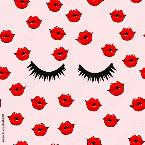 Female lips. Mouth with a kiss, smile, tongue, teeth and kiss me lettering on background. Vector comic seamless pattern in pop art retro style. Abstract seamless pattern for girls, boys, clothes.
