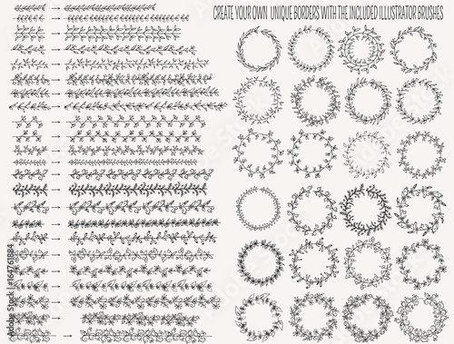 Vector illustration hand drown floral line border set. Collection of round decorative border frames. Rustic Decorative Design Elements, Florals, Dividers, Swirls, Scrolls.