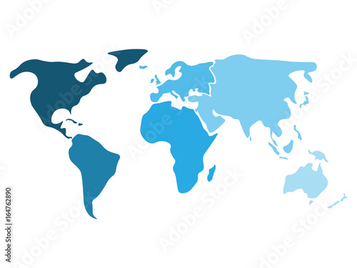 Multicolored world map divided to six continents in different shaders of blue - North America, South America, Africa, Europe, Asia and Australia Oceania. Simplified silhouette blank vector map.