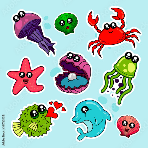 Fashion patch badges with shell, crab, sea, water, octopus, star fish and other. Very large set of girlish and boyish stickers, patches in cartoon isolated.Trendy print for backpacks, things,clothes © mamenkoaleks