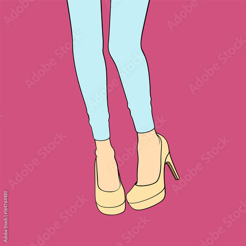 Female Legs in blue jeans. Vector illustration in pop art style