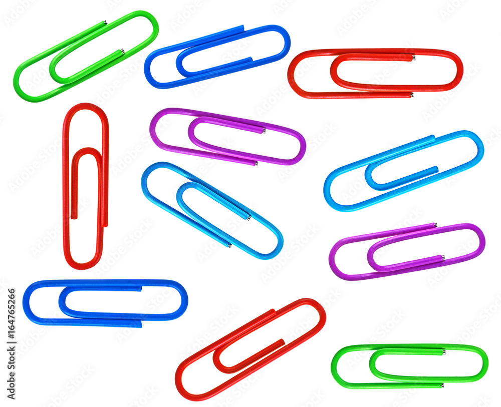 Set of different colored paperclips on a white background Set of different colored paperclips on a white background