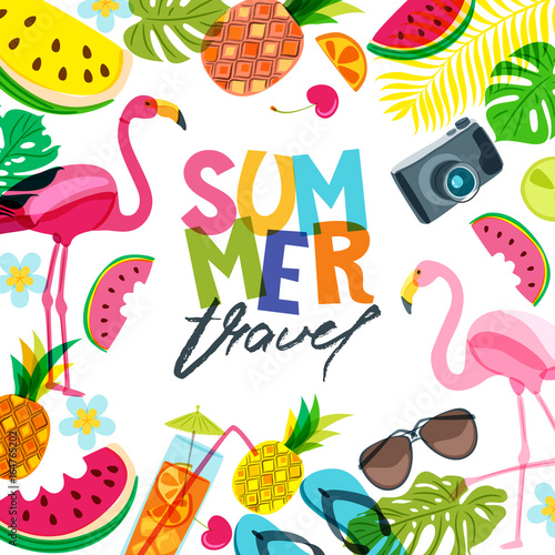 Vector banner, poster, flyer design with flamingo, palm leaves, cocktail, watermelon and pineapples. Hand drawn doodle illustration. Concept for summer travel, holidays and tourism background