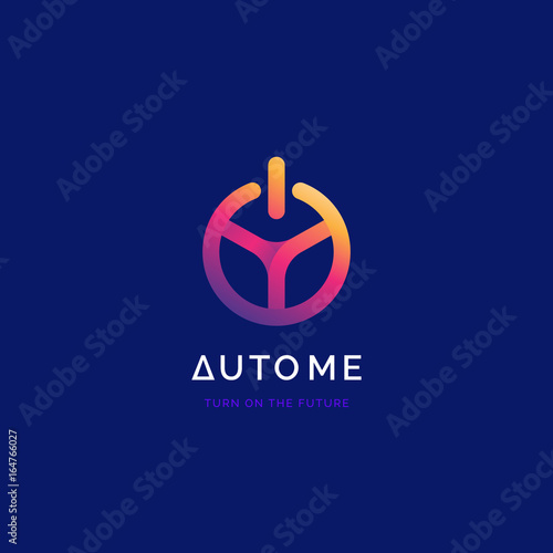 Steering wheel with power button logo. Driverless car symbol. Driving school logo.