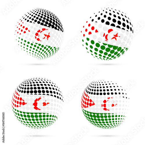 Western Sahara halftone flag set patriotic vector design. 3D halftone sphere in Western Sahara national flag colors isolated on white background.