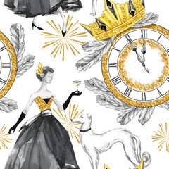 Canvas schilderij Glamour stijl patronen Vintage dame met champagne en windhonden  © AnasteZia
