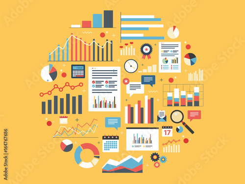 Analytics round illustration with charts.
