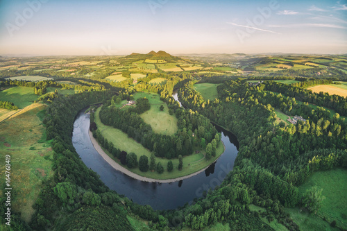 Aerial photo of Scott's View looking to the Eildon Hills in the Scottish Borders with the River Tweed at the foreground. Scotland UK, Europe