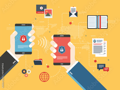 Hands holding smart phone with invasion protection and access to private data. Security and privacy of mobile phone. Secure internet access and data transfer. Flat vector illustration.