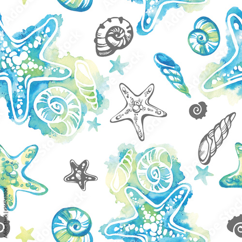 Watercolor background with seashells. Abstract seamless pattern marine design.