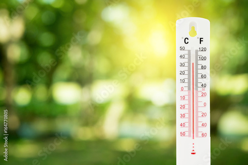 thermometer on a green nature background and temperature measuring, environment concept. photo
