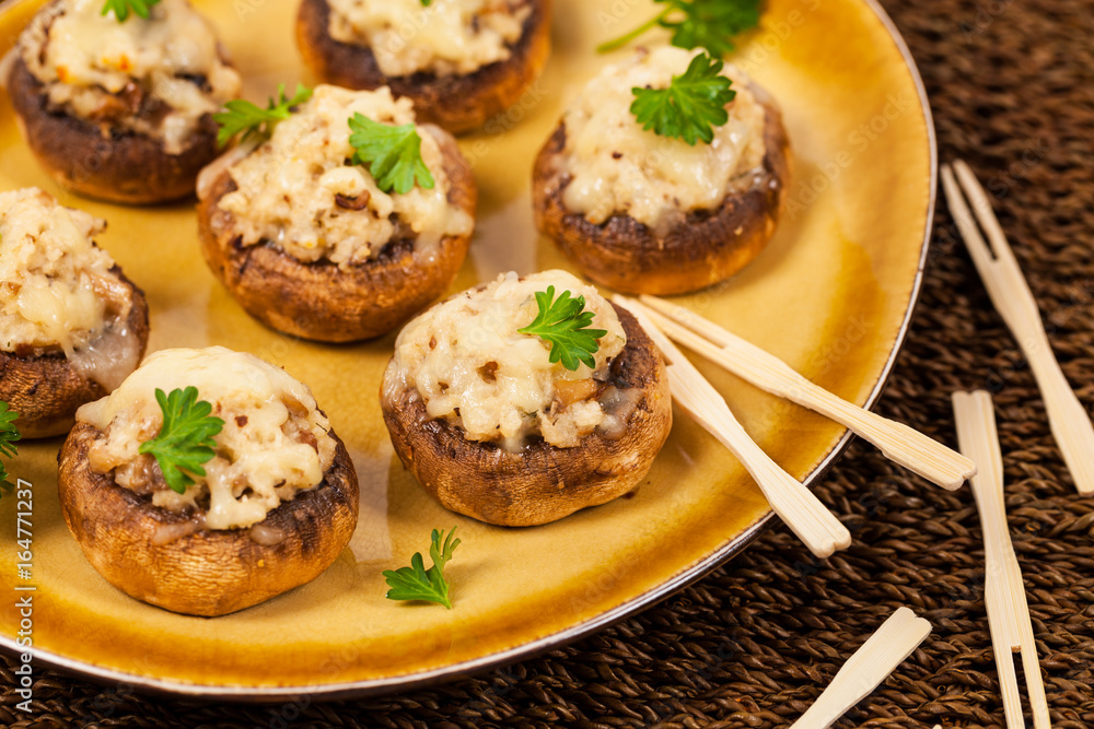 Vegetarian Stuffed Mushrooms. Selective focus. Vegetarian Stuffed Mushrooms. Selective focus.