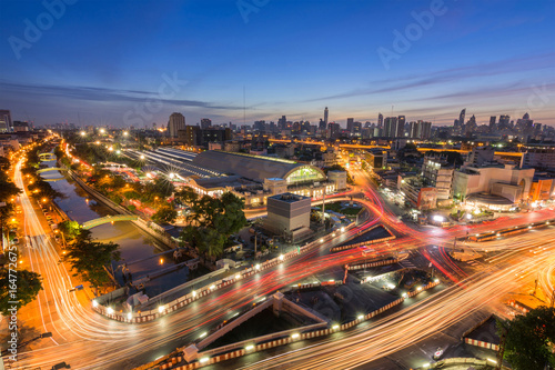 Aerial view cityscape of bangkok viewing in twilight moning bangkok train station or hua lamphong railway and traffic condition on Rama IV Rd. thailand.
