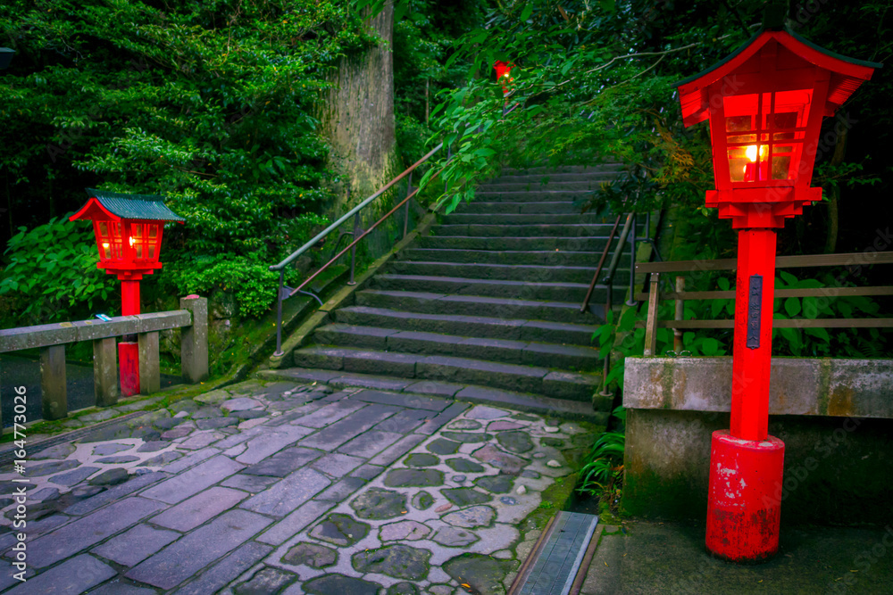 The night view of the approach to the Hakone shrine in a cedar forest. With many red lantern lighted up The night view of the approach to the Hakone shrine in a cedar forest. With many red lantern lighted up