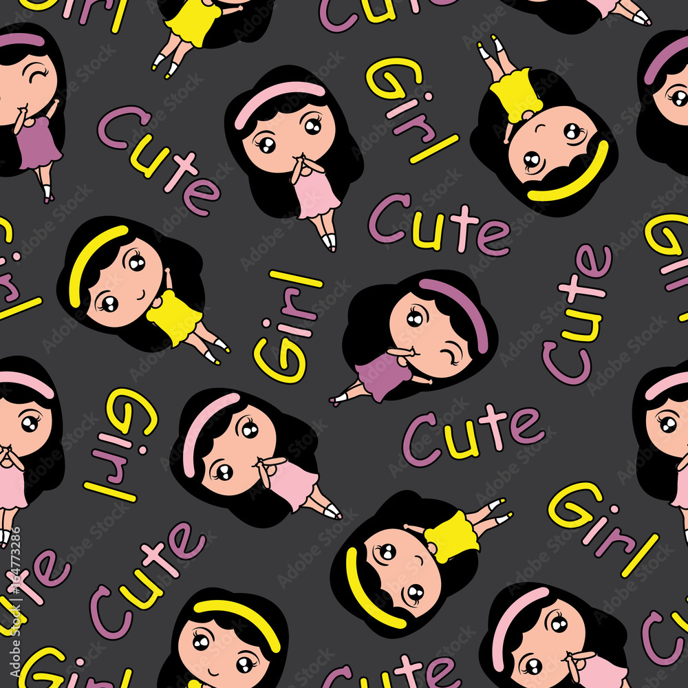 Seamless pattern vector cartoon with cute girls on black background  suitable for kid wallpaper and fabric background Stock Vector | Adobe Stock