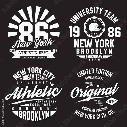 New York, Brooklyn typography for t-shirt print. Sports, athletic t-shirt graphics set. Badge collection