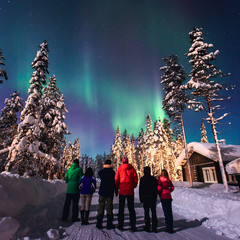 Fototapete Skandinavien Beautiful picture of massive multicoloured green vibrant Aurora Borealis, Aurora Polaris, also know as Northern Lights in the night sky over winter Lapland, Norway, Scandinavia    © tsuguliev