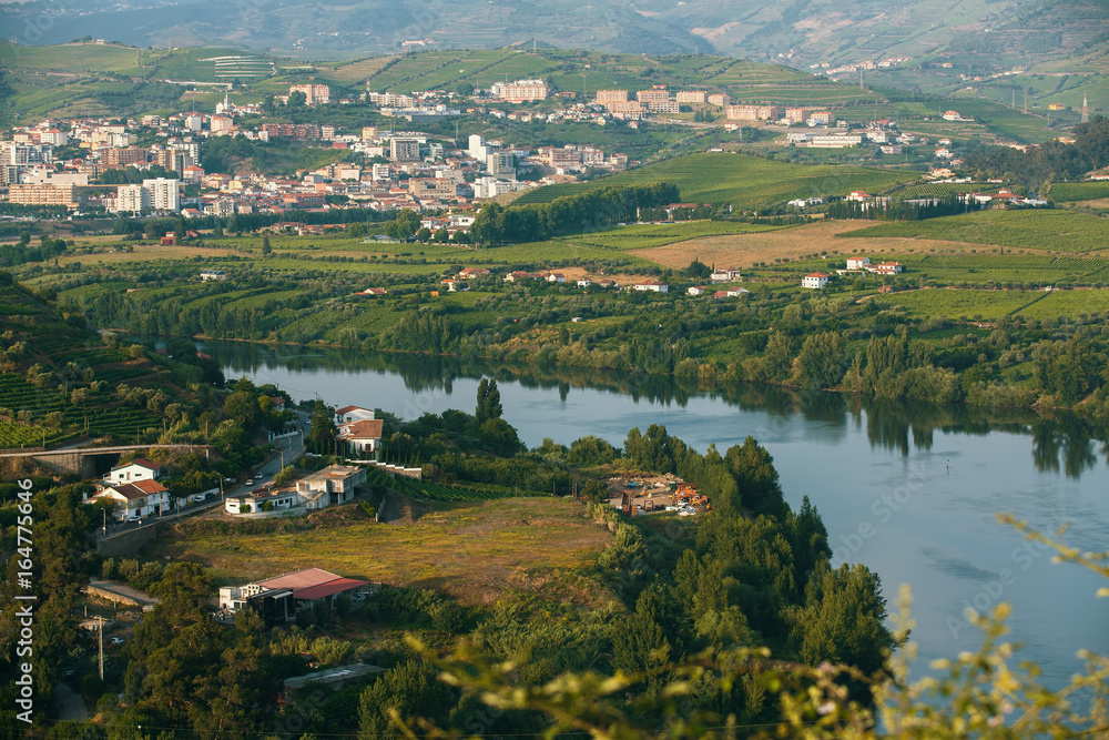 Douro Valley. Top view of river, and the vineyards are on a hills. Portugal.