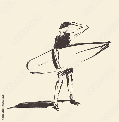 Drawn vector young man beach surfboard sketch