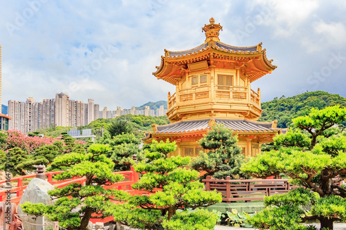 Front View The Golden Pavilion Temple in Nan Lian Garden This is a government public park  situated at Diamond hill  Kowloon  Hong Kong
