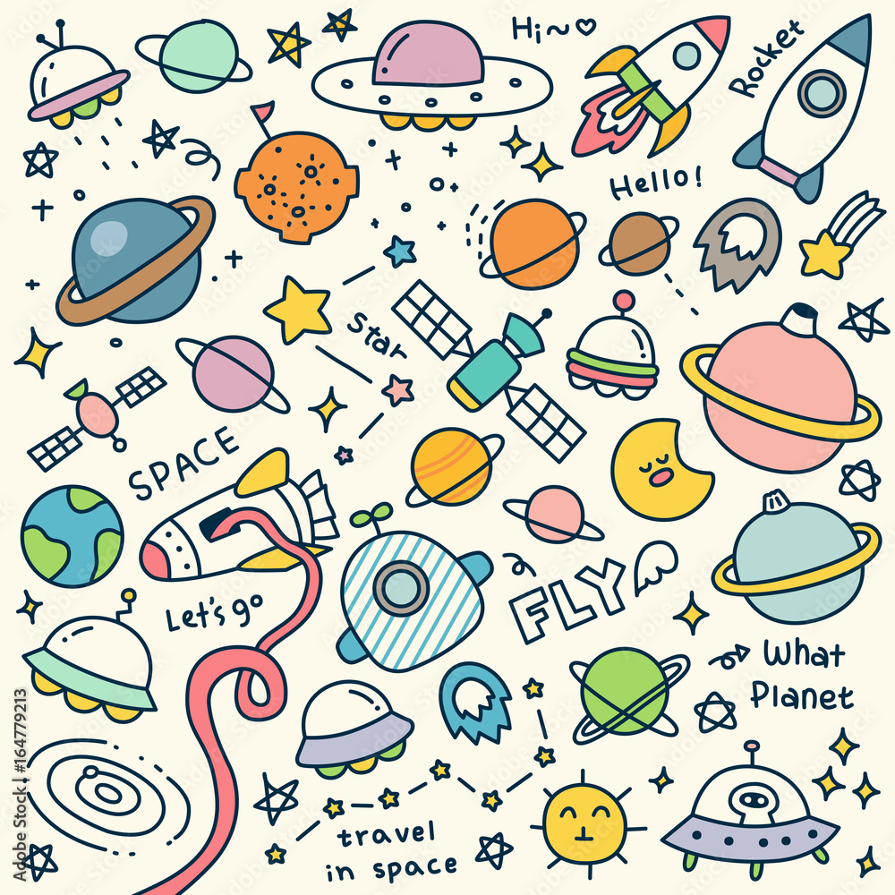 Fototapeta premium Set of Cute Travel in Space Doodle