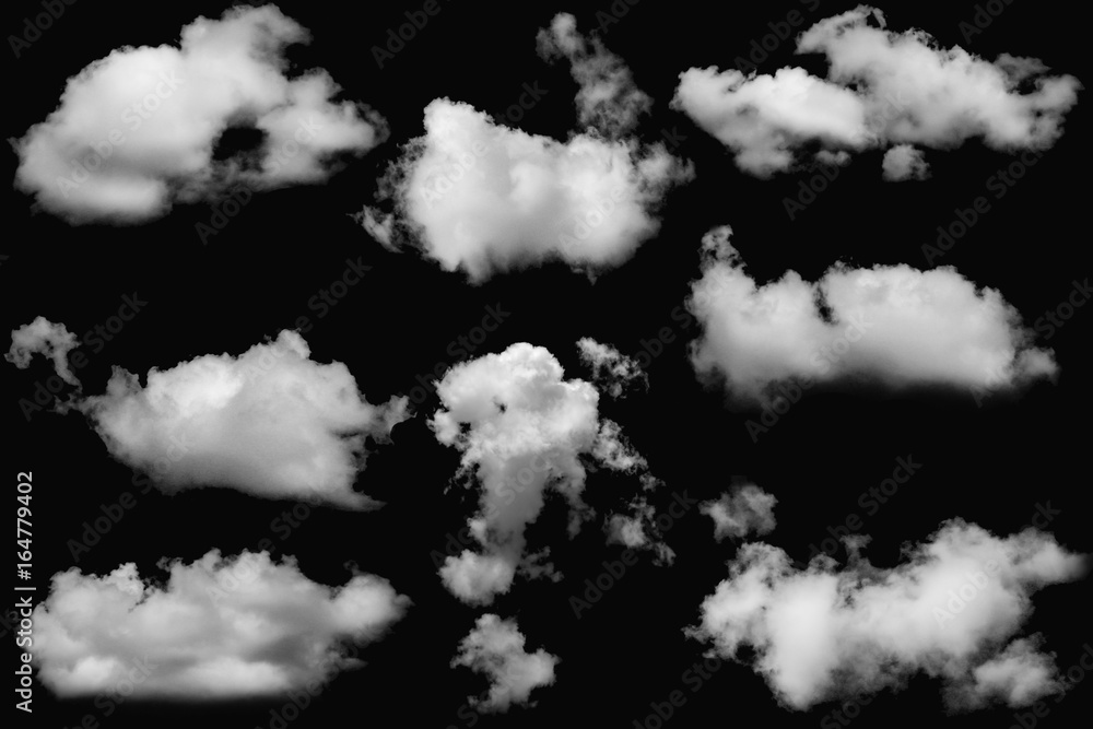 Set of clouds white fluffy on isolated elements black background. Set of clouds white fluffy on isolated elements black background.