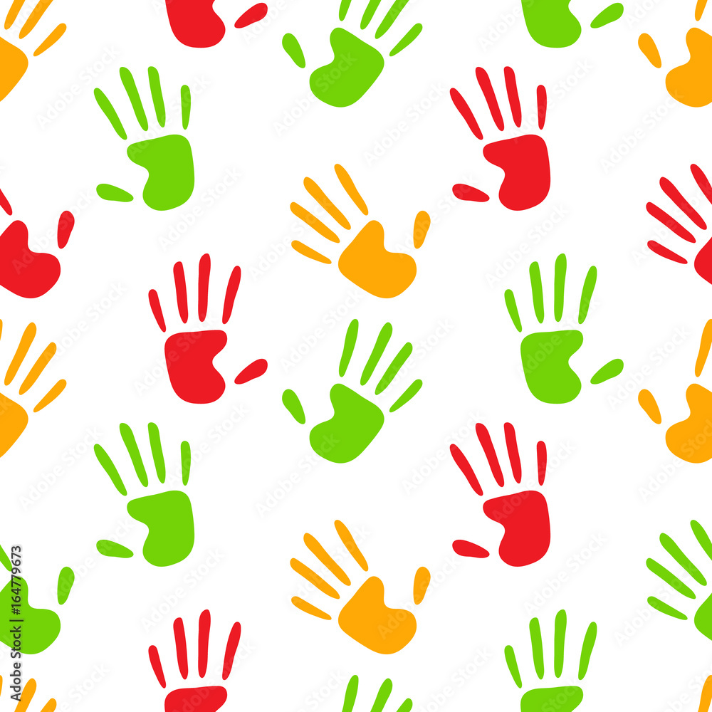 Obraz premium Colorful human hands imprints on white seamless pattern, vector