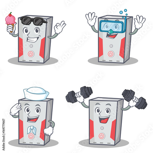 Set of computer character with ice cream fitness sailor diving