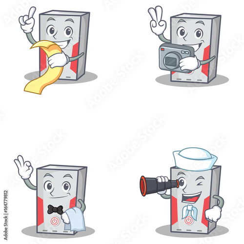 Set of computer character with menu photo waiter binocular