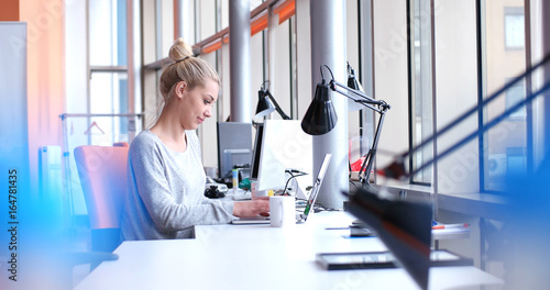 businesswoman using a laptop in startup office photo