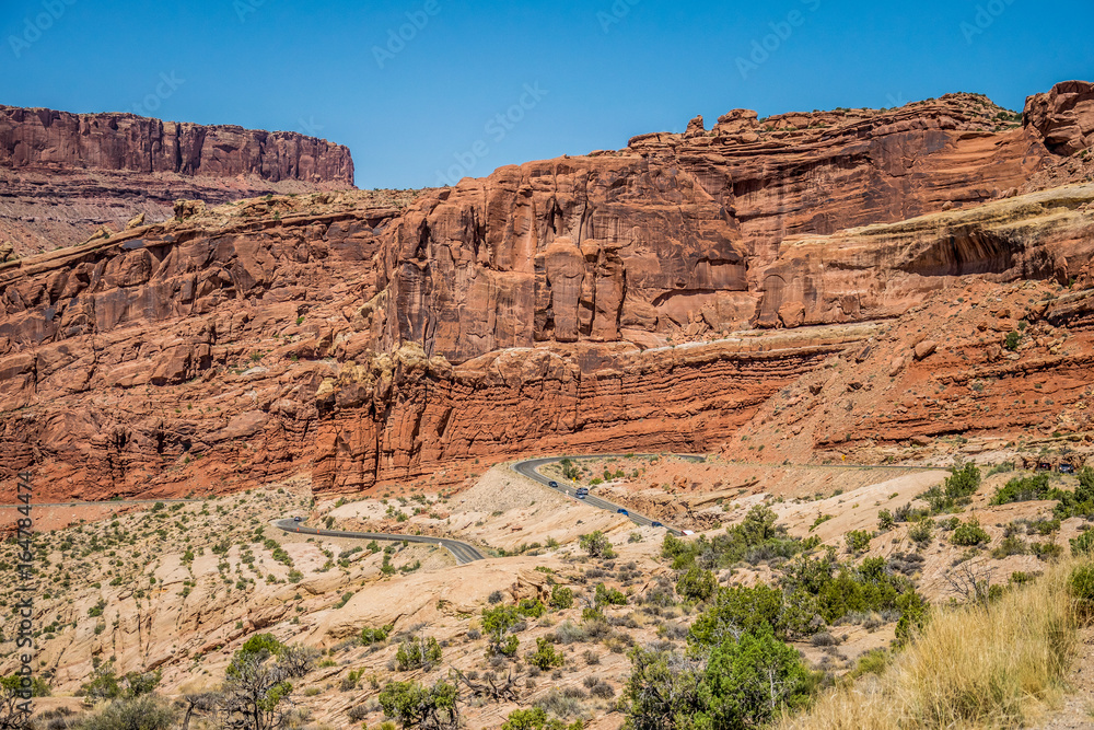 Tourist attraction of the USA. Arches National Park. Car trip in the Moab Desert