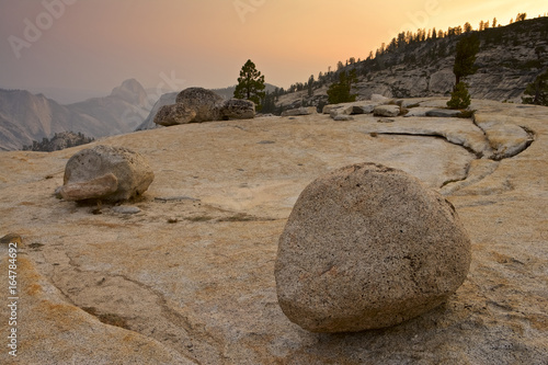 Half Dome, Cloud's Rest and glacier erratics (boulders) at Olmstead Point, Yosemite NP, California