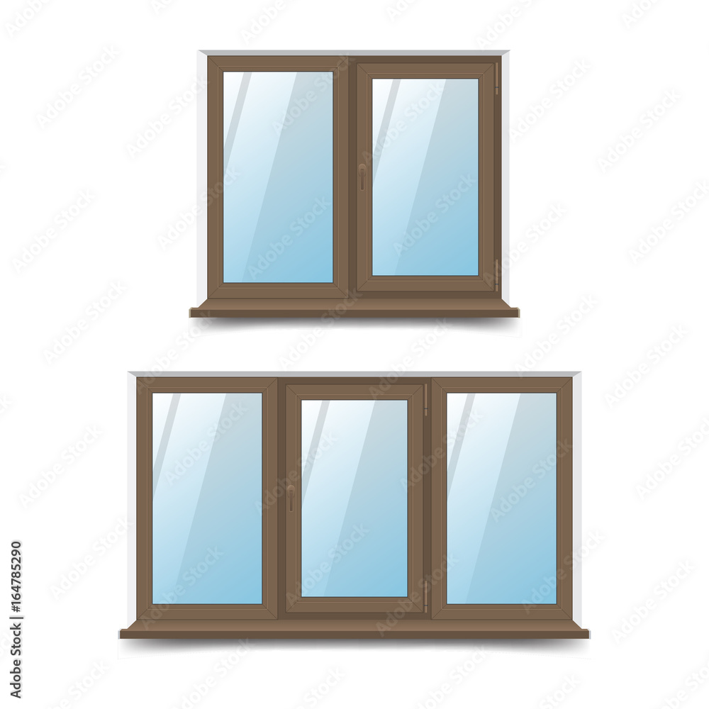 Vector illustration of a rectangular two-leaf and three-winged plastic windows. The design of the windows is swinging Vector illustration of a rectangular two-leaf and three-winged plastic windows. The design of the windows is swinging
