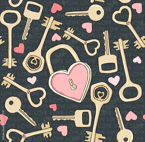 Vector seamless pattern with keys. Symbols of love. Doodle drawing, hand drawn illustration.