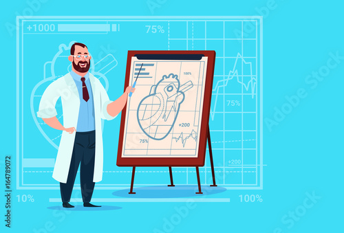 Doctor Cardiologist Over Flip Chart With Heart Medical Clinics Worker Hospital Flat Vector Illustration