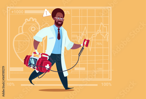 African American Doctor Running With Defibrillator Medical Clinics Worker Reanimation Hospital Flat Vector Illustration