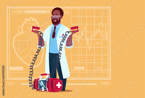 African American Doctor Hold Defibrillator Medical Clinics Worker Reanimation Hospital Flat Vector Illustration