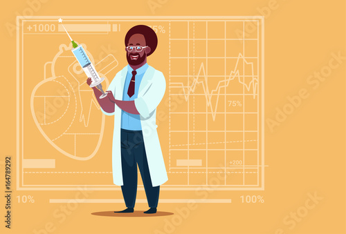 African American Doctor Holding Syringe Medical Clinics Worker Hospital Flat Vector Illustration