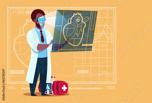 African American Doctor Cardiologist Examining Digital Heart Wear Virtual Reality Glasses Medical Clinics Worker Hospital Flat Vector Illustration