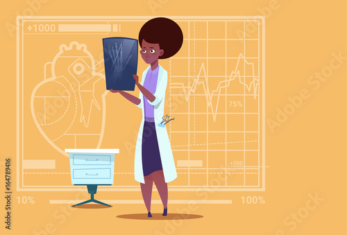 Female African American Doctor Examining Xray Medical Clinics Worker Hospital Surgery Flat Vector Illustration