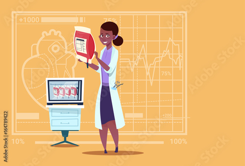 Female African American Doctor Holding Blood Bag Donor Donation Medical Clinics Worker Hospital Flat Vector Illustration